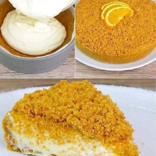 The delightful flavors of Orange Cake with Crumble! A luscious mascarpone and orange marmalade cream atop a buttery biscuit base—pure dessert perfection