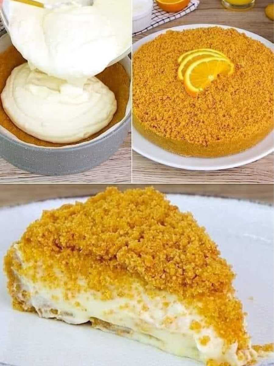 The delightful flavors of Orange Cake with Crumble! A luscious mascarpone and orange marmalade cream atop a buttery biscuit base—pure dessert perfection